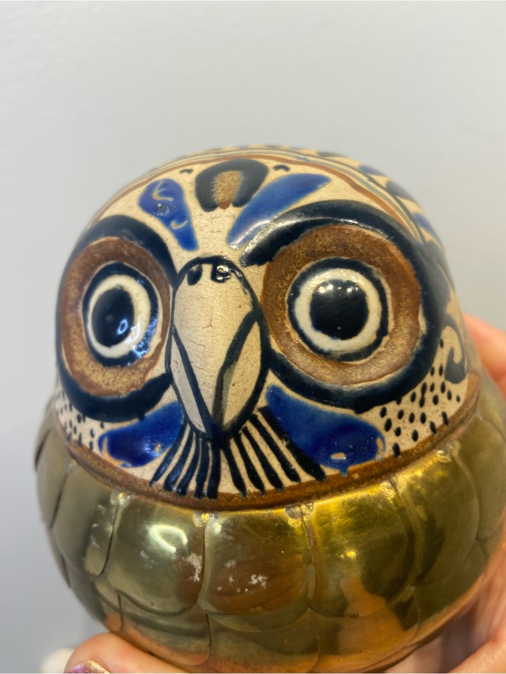 Vintage Brass and Ceramic Owl Mexican Tonala Sculpture Signed - Picture 9 of 10